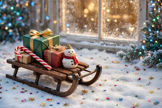 Wooden toy sleigh loaded with gift boxes on snow near glowing window