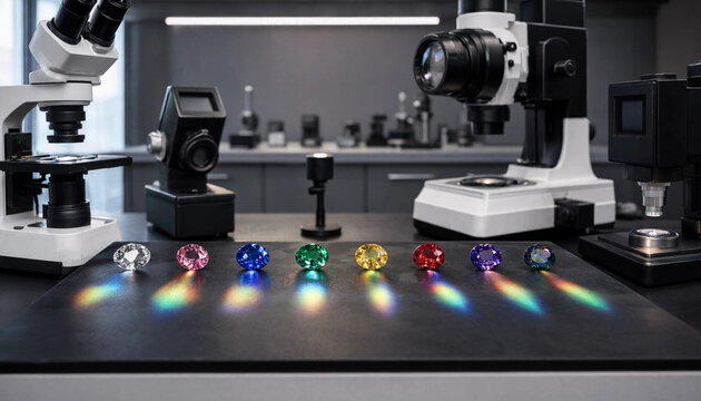 Assortment of colorful faceted gemstones on a black surface with light refraction beams and laboratory microscopes in the background setting