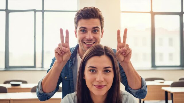 Playful male student making bunny ears behind a female classmate. Young man and woman posing in a bright university classroom. Fun and friendship in college concept