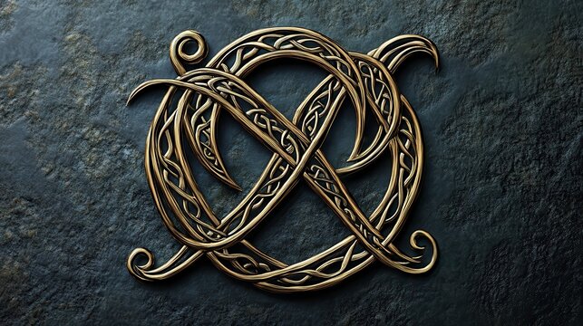 Bronze monogram featuring intricate Celtic knotwork lies on a dark slate surface.