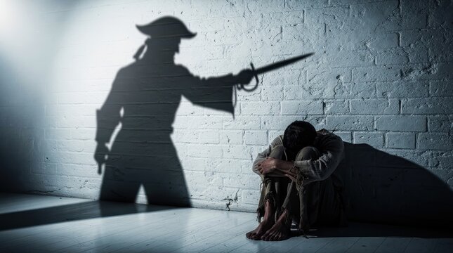 Man cowering in fear against wall with pirate shadow pointing sword. Dramatic silhouette of swashbuckler threatening desperate person in dark room. Psychological trauma and inner conflict concept.