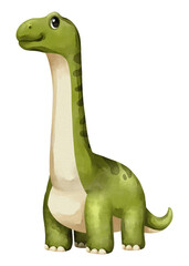 Watercolor brachiosaurus dinosaur isolated PNG illustration, featuring a cute hand-drawn green sauropod cartoon character on a transparent background for digital design and crafting. © stockdevil