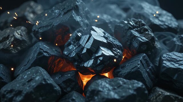 Burning coal rocks with glowing orange fire flames