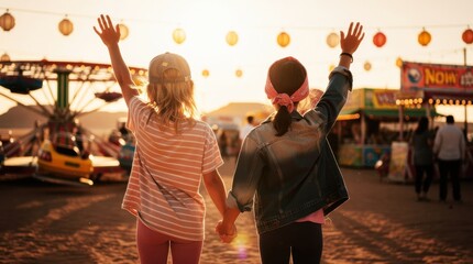 Fototapeta premium Two girls holding hands and waving at a summer carnival during sunset. Friends enjoy fairground rides in golden hour light. Childhood friendship concept for family and travel marketing.