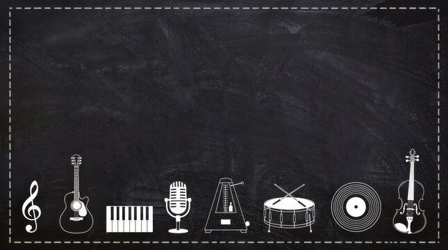 Music instrument icons on a black chalkboard background. White illustrations including guitar, piano, and microphone. Educational theme ideal for music school posters and teaching materials.