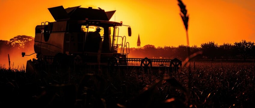 Combine harvester working in a field at sunrise. Silhouette of a farmer operating heavy machinery during the golden hour. Agriculture concept, ideal for industrial farming and seasonal marketing.