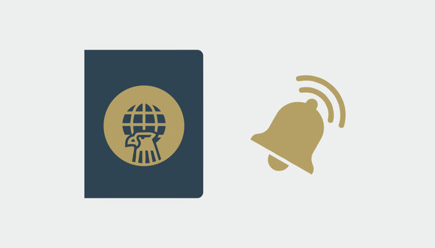Dark blue passport with a gold eagle globe emblem next to a ringing bell icon, representing travel alerts and notifications.