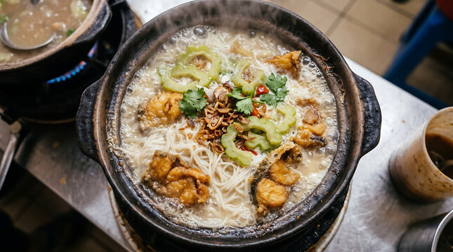 Bubbling Claypot Fish Head Bee Hoon Soup with Fried Fish Chunk Bitter Gourd Slices and Evaporated Milk Broth Action Food Photography
