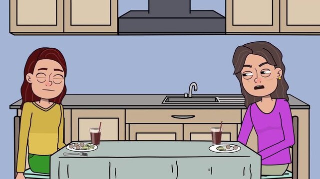 2D animation of two women sitting across a kitchen dining table having an earnest conversation interior scene