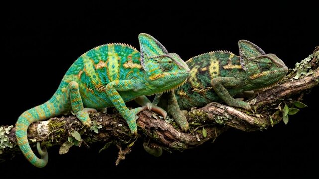 two chameleon on branch close up isolated black background video