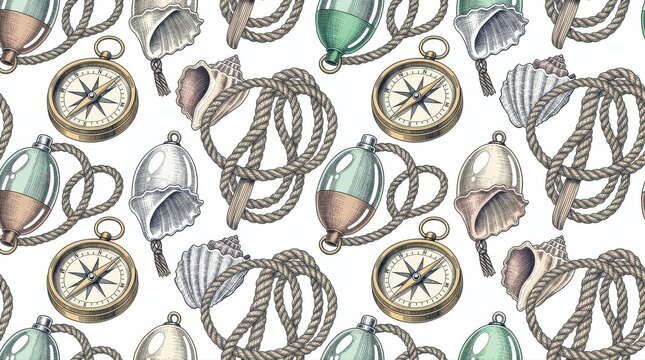 Nautical seamless pattern with vintage compasses, ropes, seashells, and buoys. Hand-drawn engraved maritime elements on a white background. Marine theme for textile, wallpaper, and ocean branding.