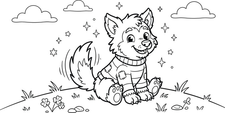 A whimsical vector illustration depicts a cartoon wolf pup seated in a grassy field under a cloudy sky