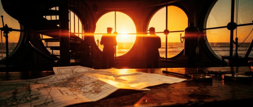Silhouetted officers look through circular windows at a bright ocean sunset. Nautical bridge with vintage maps and tools on a wooden desk. Maritime navigation theme for history and travel content.
