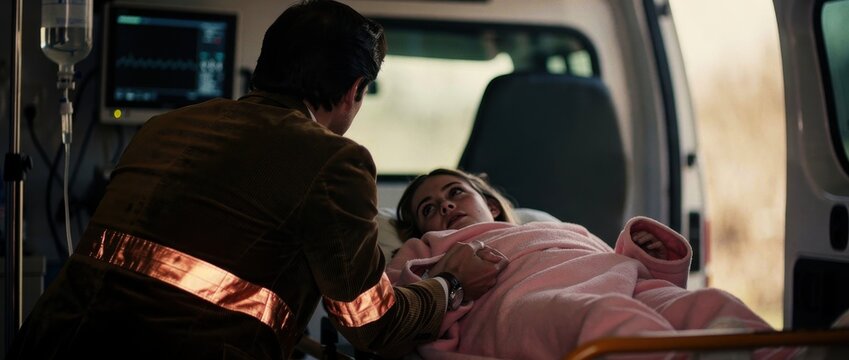 Paramedic comforting a young woman inside an ambulance. First responder holding patient hand on a stretcher. Emergency medical care concept, ideal for healthcare and rescue service themes.