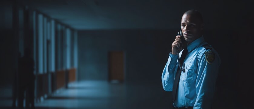 A security guard on a phone in a dark hallway.