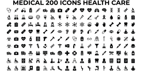 Fototapeta premium Medical healthcare and hospital icons vector set - clinical treatment, pharmaceutical pharmacy, and wellness symbols with editable stroke.