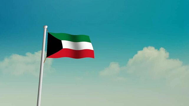 kuwait flag waving, in the wind against blue sky.