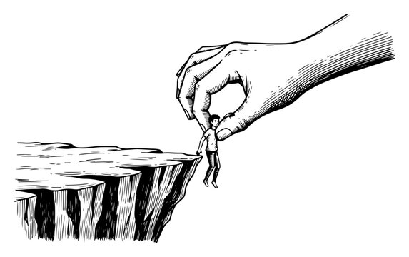 Giant hand holding tiny man over cliff edge vector illustration, concept of control, danger, power and manipulation