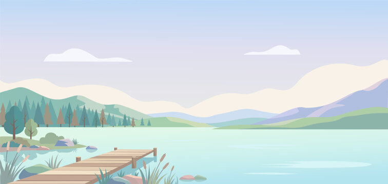 Peaceful lake landscape banner with wooden pier, calm water, pine forest, and mountains. Minimalist nature serenity vector background with copy space.