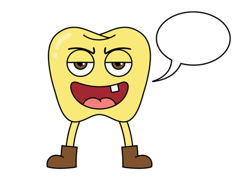 Funny Yellow Stained Tooth Cartoon with Speech Bubble