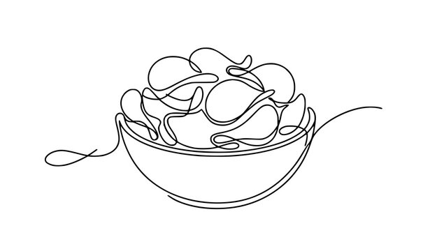 Crispy Potato Chips in Bowl One Line Drawing Vector Illustration