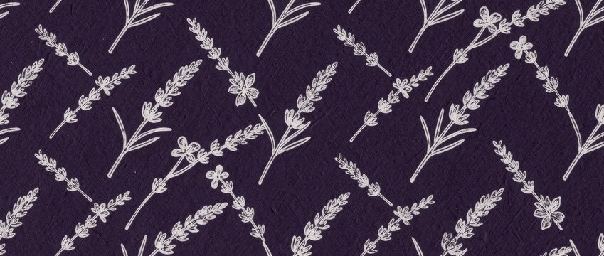White hand-drawn lavender sprigs on a dark purple textured background. Elegant botanical line art pattern featuring floral stems and blossoms. Minimalist herbal design for wellness packaging.