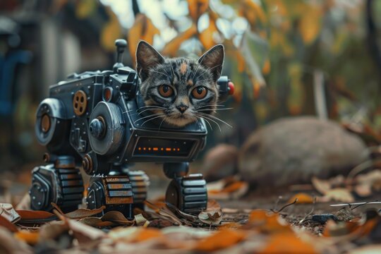 Small cat piloting a futuristic military robot walking in an autumn forest