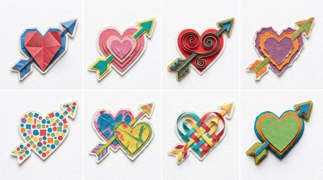 A vibrant collection of eight colorful heart shapes each pierced by an arrow symbolizing love and romantic valentine's day themes on a plain white