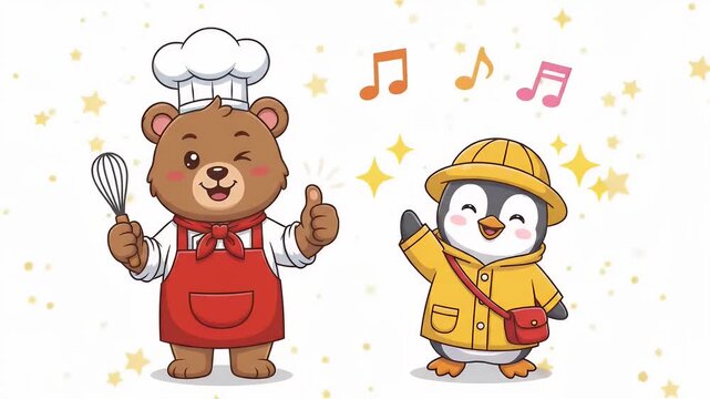 Cute cartoon bear chef and penguin character animation
