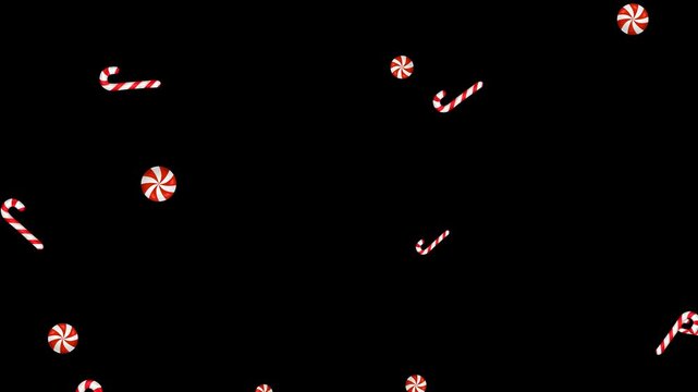 Falling Red Candy Canes and Peppermints Isolated Alpha Channel Animation ,Christmas and New Year Holiday Celebration Videos Overlay social media motion design element