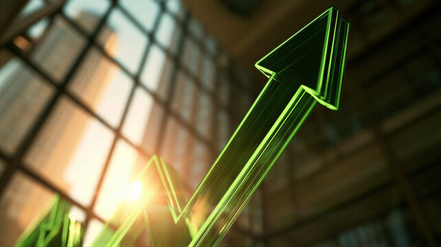 Green glass arrow pointing upward with zigzag line in office building interior. Financial growth and business success concept. Market investment profit increase visualization.