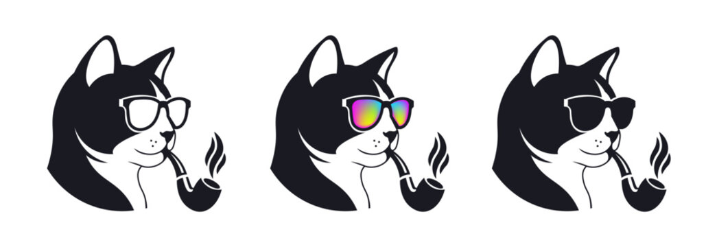 Vector set logotype. Simple graphic portrait of cat with smoking pipe and brightly colored sunglasses. Isolated background. Corporate style. Logo or emblem. Puss and bad habit