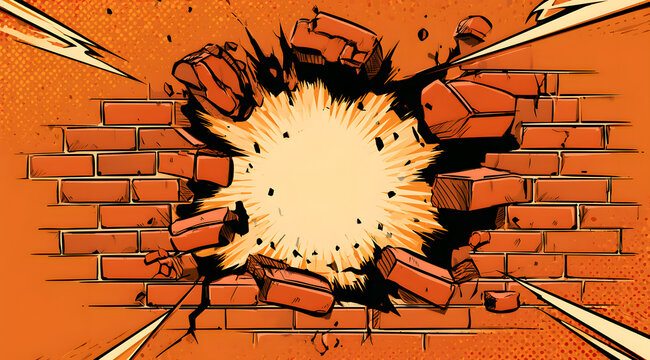 Pop Art Comic Book Style Cartoon Illustration of a Bursting Hole in a Brick Wall Pop Art Comic Book Concept with an Exploding Crack or Hole in a Wall