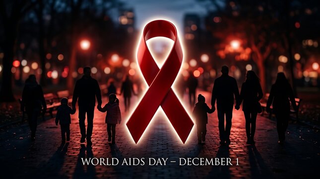 Red ribbon awareness symbol against a blurred background of people at night