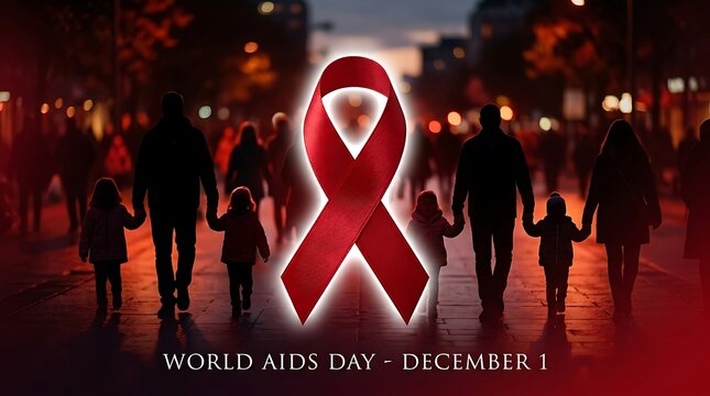 Red ribbon symbolizing aids awareness with blurred people walking in the background