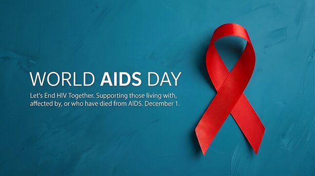World aids day awareness ribbon with text on a teal blue background