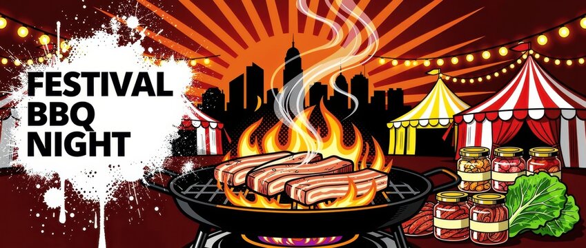 BBQ festival poster with meat grilling on an open fire. Comic style artwork featuring carnival tents, city skyline, and food jars. Vibrant food event design for summer festival promotion.