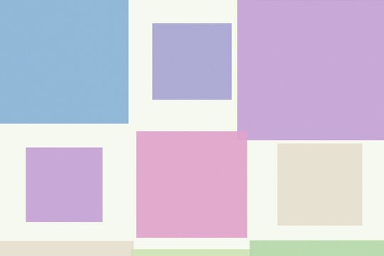 Pastel geometric blocks float across a light background in pink, lavender, blue, and cream, creating a playful balanced composition for contemporary design and advertising.
