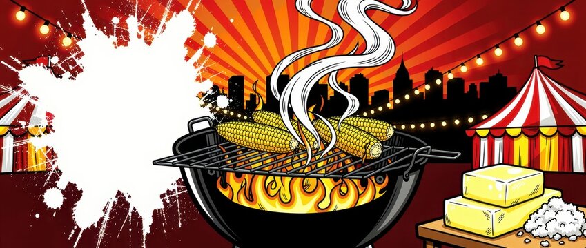 Corn on the cob grilling over flames at a carnival. Comic book illustration with festival tents, city skyline, and butter. Summer food event concept for fair ads and BBQ promotions.