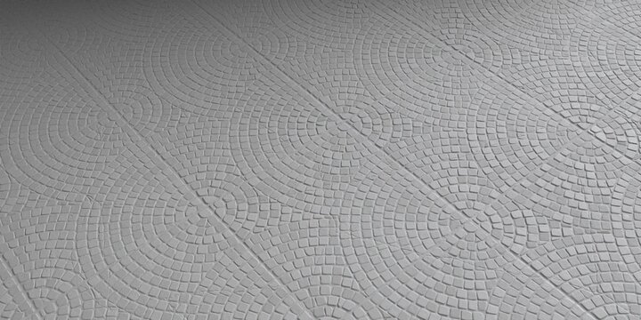 White cobblestone pavement with repeating circular mosaic pattern concentric stone designs geometric outdoor surface texture detailed masonry pattern architectural walkway and urban ground background