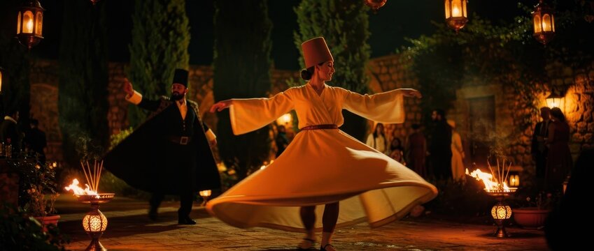 Whirling dervishes performing traditional Sufi dance at night. Performers spin in an outdoor courtyard with lanterns and fire. Spiritual ritual concept for cultural heritage and travel marketing.