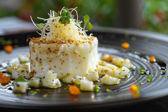Creamy codfish parmentier, beautifully presented with olive oil, herbs, and spices, showcasing culinary excellence