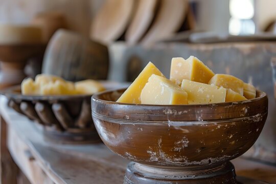 Hard cheese cut into pieces displayed in a wooden bowl, showcasing traditional cheesemaking and storage