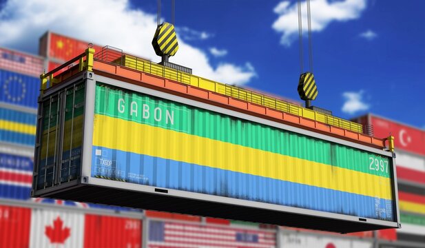 Gabon - cargo container lifted by crane in terminal - international trade and logistics concept - 3D illustration