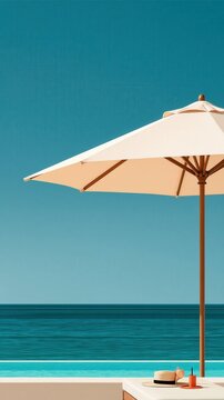 Summer beach umbrella with straw hat and drink by pool edge against turquoise sea