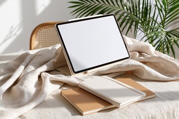 Obraz premium Tablet propped on minimal stand beside notebook on draped fabric with palm leaves