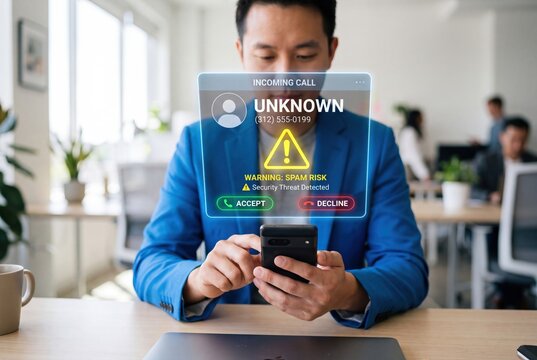 Businessman receiving a scam phone call alert on his smartphone in a modern office.