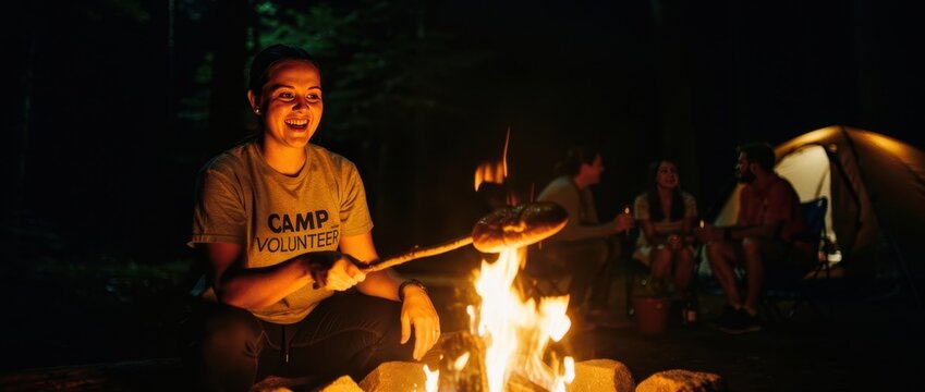 Smiling woman roasting food over campfire at night. Friends relaxing by tent in forest campsite. Outdoor adventure and summer recreation concept for travel marketing.