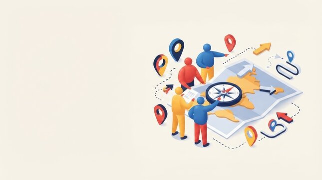 Team of people planning route on world map with compass and location pins. Isometric navigation and travel strategy concept. Business route planning and journey direction illustration with copy space.