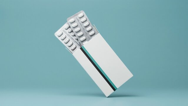 Pill blister pack inside a white paper box on blue background with medication pharmaceutical medicine healthcare